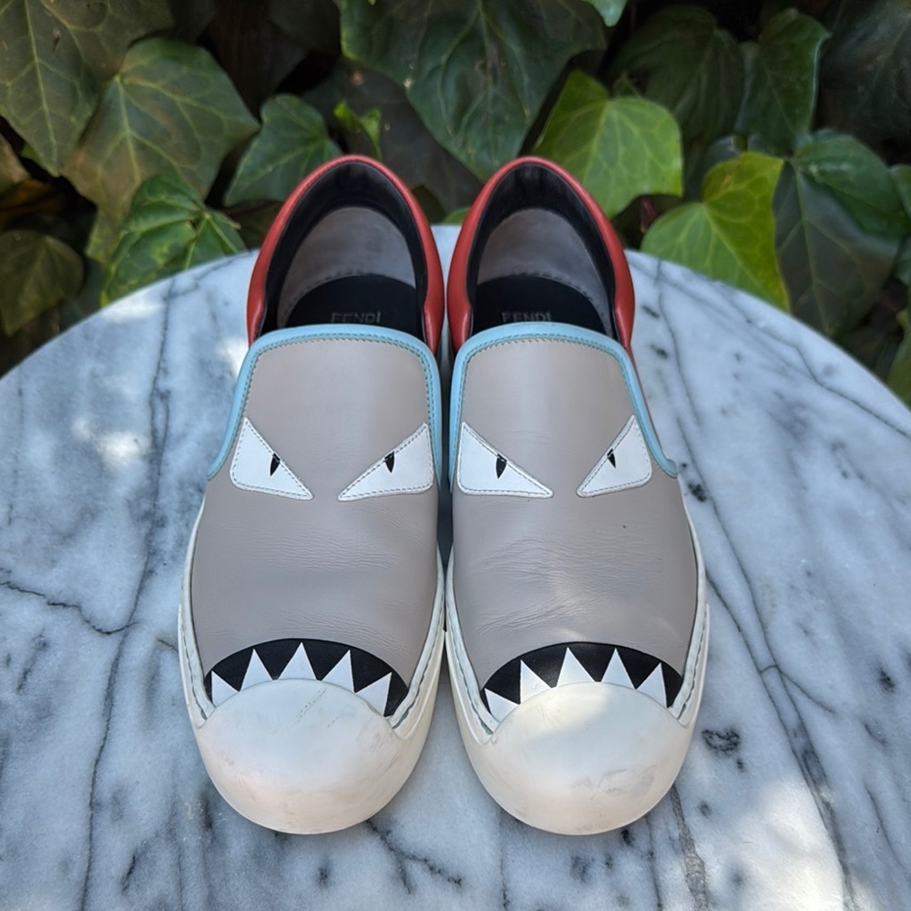 Fendi Monster Eye "Shark" Multi Colored Leather Slip On Sneakers Sz. 40